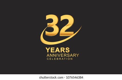 32 years anniversary with swoosh design golden color isolated on black background for celebration