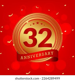 32 years anniversary. Anniversary template design concept with gold and red colors , design for event, invitation card, greeting card, banner, poster, flyer, book cover and print. Vector Eps10