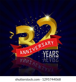 32 years anniversary Vector Template Design with golden color and silver ribbon isolated on blue sunburst background illustration for celebration event - Vector