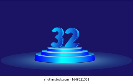 Ilustración de diseño de plantillas vectoriales de 32 años. Blue 3d Números con escenario de podio para celebración