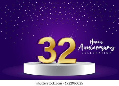 32 Years Anniversary Vector Template Design Illustration. Blue 3d Numbers with podium stage for celebration
