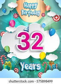 32 Years Birthday Design for greeting cards and poster, with clouds and gift box, balloons. design template for anniversary celebration.