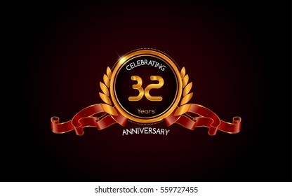 32 years gold anniversary celebration logo with red ribbon , isolated on dark background