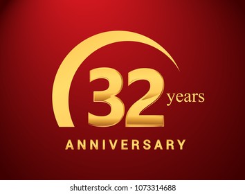 32 years golden anniversary logo with golden ring isolated on red background, can be use for birthday and anniversary celebration.