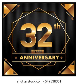 32 years golden anniversary logo celebration with ring and ribbon. Greeting card and cover template.