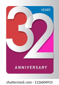 32 years old celebrating modern logo. Colored happy anniversary template numbers. vector design for celebration, invitation card, and greeting card