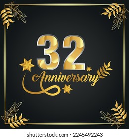 32 years old luxurious logo. anniversary year of vector gold colored template framed of palms.

