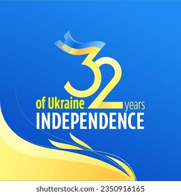 32 years of Ukraine's independence. Vector design for print banner, poster, and social media post. National flag colors and symbols. Blue background ENGLISH.