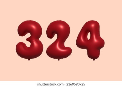 324 globo 3d número hecho de renderización 3d de globo metálico realista. Globos 3D de helio rojo para la venta decoración Fiesta Cumpleaños, Celebración de Aniversario, Fiesta de la Boda. Ilustración del vector