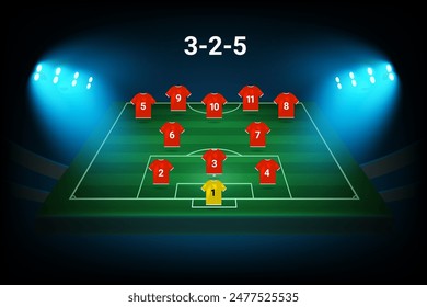 3-2-5 football team formation template. Soccer players with numbers. Vector template