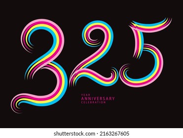 325 Zahlendesign-Vektorgrafik, grafisches T-Shirt, 325 Jahre Jubiläum gefeiert logotype farbige Linie, 325 Geburtstag-Logo, Banner-Vorlage, Logo-Nummer Elemente für Einladungskarte, Poster, T-Shirt.