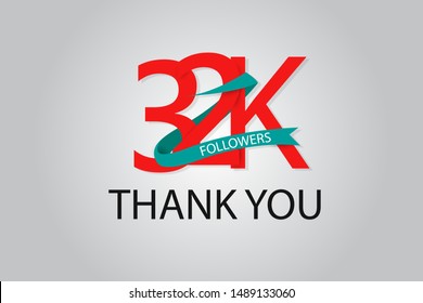 32K, 32.000 Thank You Followers Anniversary Red Logo With Tosca Ribbon. For Social Medias - Vector