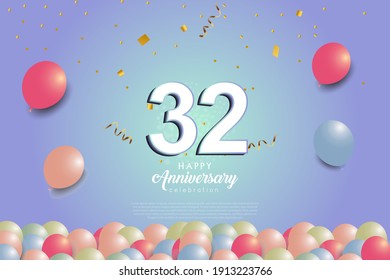 32nd anniversary background with 3D number and balloons illustration