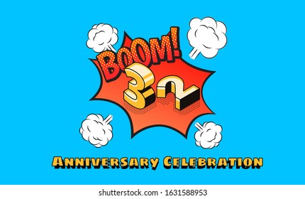 32nd anniversary background comic theme with blue background and isometric numeric, editable vector eps 10