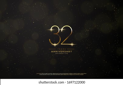 32nd anniversary background with an illustration of golden figures there is a ray of light in front of a black background.