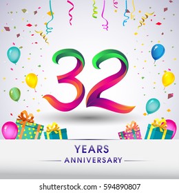 32nd Anniversary Celebration Design, with gift box, balloons and confetti, Colorful Vector template elements for your, thirty two years birthday celebration party.