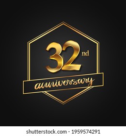 32nd Anniversary Celebration. Anniversary logo with hexagon and elegance golden color isolated on black background, vector design for celebration, invitation card, and greeting card