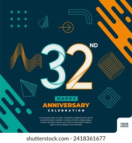 32nd anniversary celebration logotype with colorful abstract geometric shape y2k background.