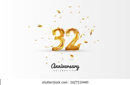 32nd Anniversary celebration Vector background by using two colors in the design between gold and white, Golden number 32 with sparkling confetti Realistic gold 3d sign. Birthday or wedding party