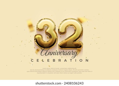 32nd anniversary celebration, vector design with shiny gold balloons illustration. Premium vector background for greeting and celebration.