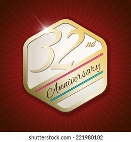 32nd Anniversary - Classy and Modern golden emblem / Seal / Badge - vector illustration on red rays background