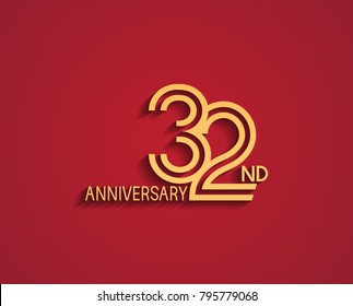 32nd anniversary design logotype with line style golden color for celebration event isolated on red background