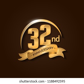 32nd Anniversary design logotype. Anniversary logo design with swoosh and elegance golden ribbon. Vector template for use celebration, invitation card, and greeting card