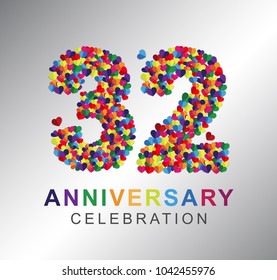 32nd anniversary design logotype paper hearts multi-color for celebration