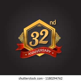 32nd anniversary design logotype style with golden hexagon, ornament and red ribbon for use in celebration event.