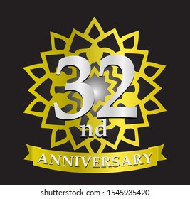 32nd anniversary logo with silver and gold ribbon. Vector design template elements for your birthday celebration.