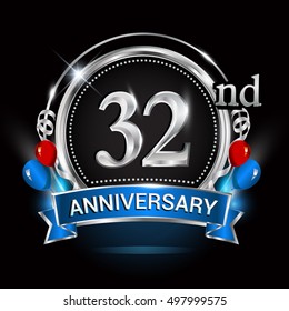 32nd anniversary logo with silver ring,balloons and blue ribbon. Vector design template elements for your birthday celebration.