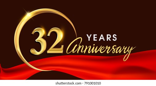 32nd anniversary logotype with golden ring isolated on red ribbon elegant background, vector design for birthday celebration, greeting card and invitation card.