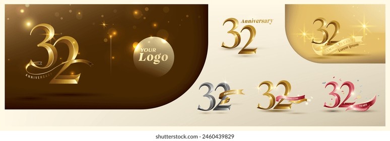 Logotipo del 32º aniversario número de oro moderno con cinta brillante. número de logotipo alternativo