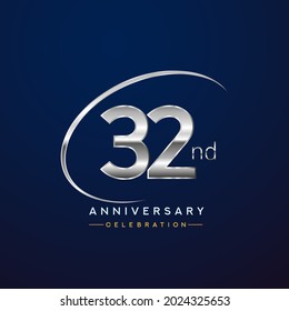 32nd anniversary logotype silver color with swoosh or ring, isolated on blue background for anniversary celebration event.