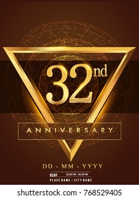 32nd anniversary poster design on golden and elegant background, vector design for anniversary celebration, greeting card and invitation card.