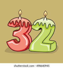 32nd Birthday Candle Number .Vector design template elements for your birthday celebration.