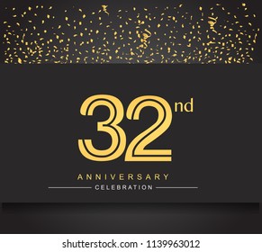 32nd golden anniversary celebration logotype with confetti golden color isolated on black background, vector design for greeting card and invitation card