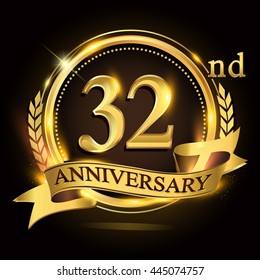 32nd golden anniversary logo with ring and ribbon, laurel wreath vector design.