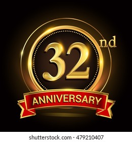 32nd golden anniversary logo with ring and ribbon. Vector design template elements for your birthday celebration.