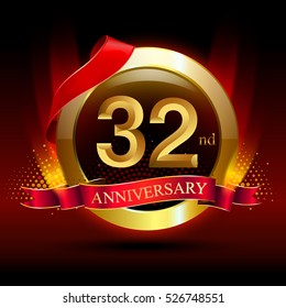 32nd golden anniversary logo with ring and red ribbon. Vector design template elements for your birthday celebration.