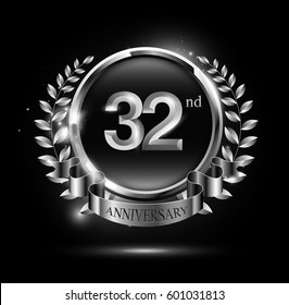 32nd silver anniversary celebration logo with ring and ribbon, laurel wreath design