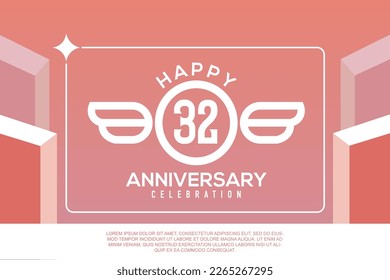 32nd year anniversary design letter with wing sign concept template design on pink background abstract illustration