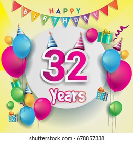 32nd years Anniversary Celebration, birthday card or greeting card design with gift box and balloons, Colorful vector elements for the celebration party of thirty two years anniversary.