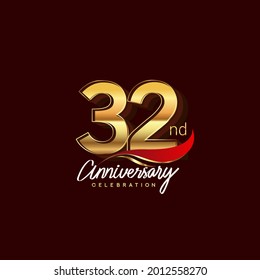 32nd years anniversary celebration logotype. Anniversary logo with red feather and golden color isolated on elegant background, vector design for celebration, invitation card, and greeting card