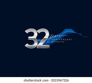 32nd Years Anniversary celebration logotype silver colored with blue ribbon and isolated on dark blue background