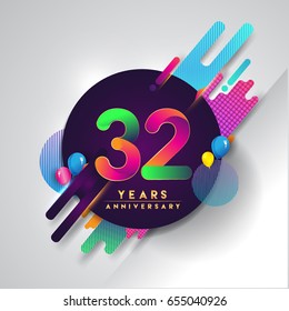 32nd years Anniversary logo with colorful abstract background, vector design template elements for invitation card and poster your thirty-two birthday celebration.