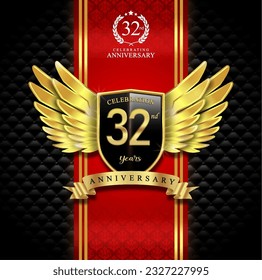 32nd years celebration anniversary logo vector isolated on dark red and black luxury background