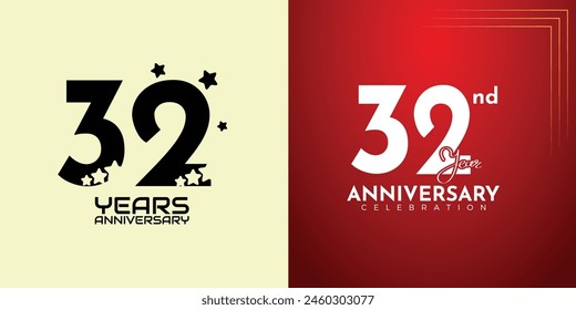 Celebración del 32º aniversario, celebración del 32 aniversario, signo realista 3d, estrellas, ilustración festiva, fondo rojo con número blanco, 32,43 