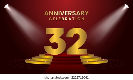 32th Anniversary Celebration With golden stage. Modern and luxurious design template for celebration event, wedding, greeting card, and invitation. Vector illustration
