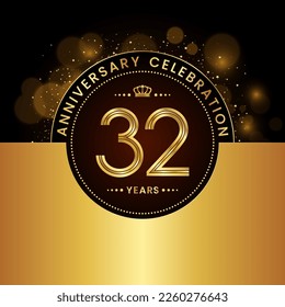 32th Anniversary Celebration. logo design with golden numbers and text for birthday celebration event, invitation, wedding, greeting card, banner, poster, flyer, brochure. Logo Vector Template